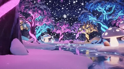 Enchanting snowy winter wonderland with glowing trees and whimsical mushrooms creates a magical fantasy forest scene perfect for holiday promotions