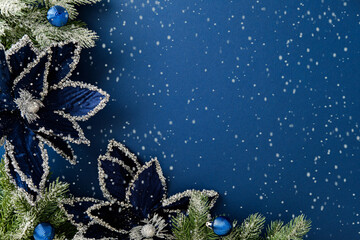Christmas background. Rich velvet blue poinsettia flowers and frosted pine frame a dark blue background with snow