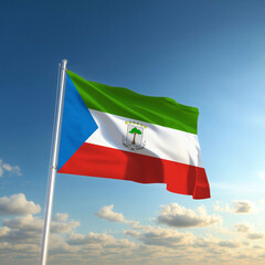 The Equatorial Guinea flag waving against a bright blue sky, symbolizing Republic Day and Independence Day.