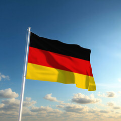 The Germany flag waving against a bright blue sky, symbolizing Republic Day and Independence Day.