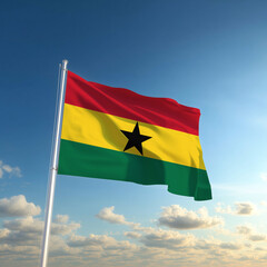 The Ghana flag waving against a bright blue sky, symbolizing Republic Day and Independence Day.