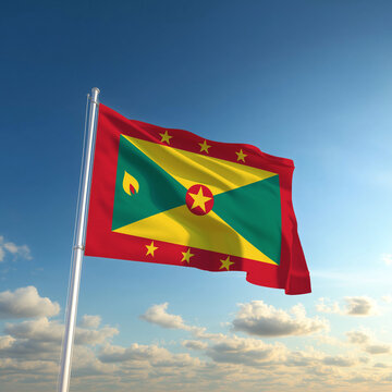 The Grenada flag waving against a bright blue sky, symbolizing Republic Day and Independence Day.