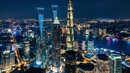 Stunning night aerial view of a vibrant modern city skyline featuring illuminated skyscrapers and a bustling river, showcasing urban grandeur and futuristic architecture - Powered by Adobe