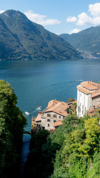 Serene lake view of Nesso village in Italy
