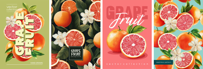 Fototapeta premium Hand drawn set of designs and patterns. Vectorized gouache illustrations. Illustrations of juicy grapefruits with flowers and leaves for poster, prints, menu, card or textile