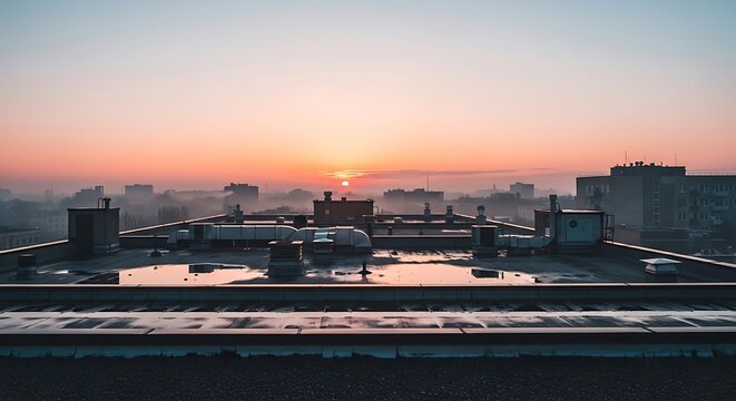 Urban sunrise over the rooftop landscape featuring a misty skyline silhouette at twilight hour