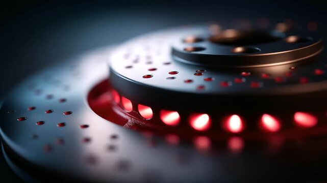 Advanced design drilled brake rotor defocused red caliper, faceless tight shot display, stopping power visualization detail, blurred bold background, superior concept, brake interf