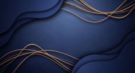 Modern elegant blue backdrop with golden curved lines and paper waves