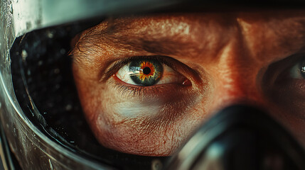 Close-up of intense eyes through a helmet visor 