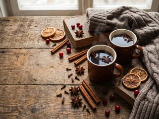 Cozy winter scene with two mugs of hot beverage, spices, and a warm sweater.