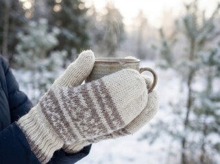 A person wearing mittens holds a warm mug of beverage in a snowy forest setting.