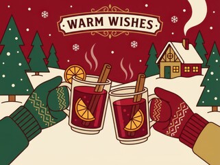 Festive illustration of two hands toasting with mugs of warm mulled wine, winter scene.