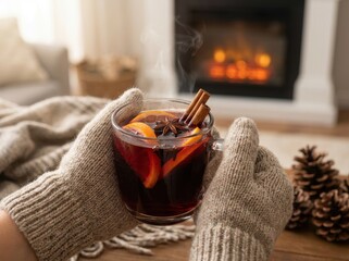 Cozy scene of hands in gloves holding a warm mug of mulled wine near a fireplace.