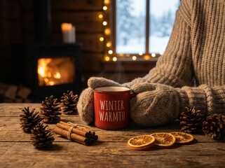 Cozy winter scene with a person holding a mug of hot drink near a fireplace.