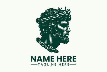 Vintage Greek Statue Head Vector Logo Illustration With Chains and Laurel Wreath
