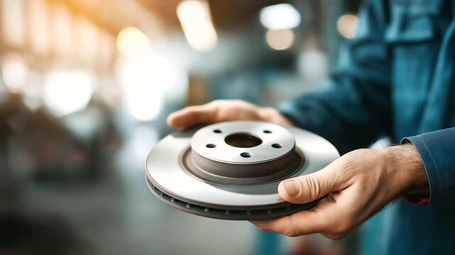 Close-up car disk brake pad defocused replacement service, faceless mechanic hand, maintenance visualization detail, blurred garage background, disc service concept, repair interfa
