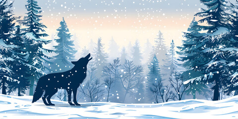 Silhouette of a howling wolf stands in a snow-covered landscape, surrounded by evergreen trees and a misty forest background under a softly lit sky with falling snowflakes depicting a winter scene.
