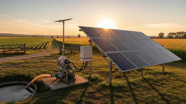 Solar powered water pump irrigating a field at sunset, promoting sustainable agriculture practices