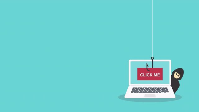 Click me bait on a laptop computer, hacker trying to steal confidential data, personal information and credit card detail. Hacking concept.