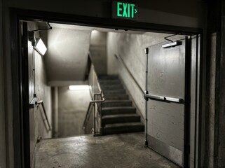 An open doorway reveals a concrete stairwell with an illuminated exit sign.
