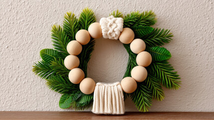 DIY Christmas wreath with wooden beads and green pine leaves creates cozy festive decoration perfect for holiday cheer and warm home vibes