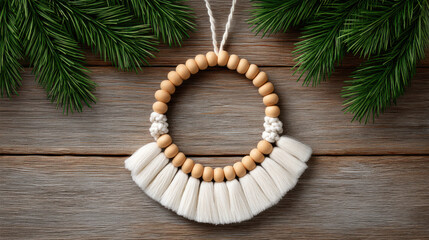 DIY Christmas wreath with wooden beads and white tassels on rustic wooden background surrounded by green pine branches for festive decor