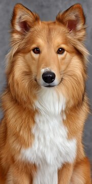 Charming Shetland Sheepdog Portrait with Expressive Eyes on Gray Backdrop, Capturing Canine Beauty
