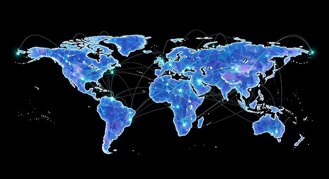 Global network visualization connecting the world with glowing lines representing international business and communication, showing worldwide connectivity