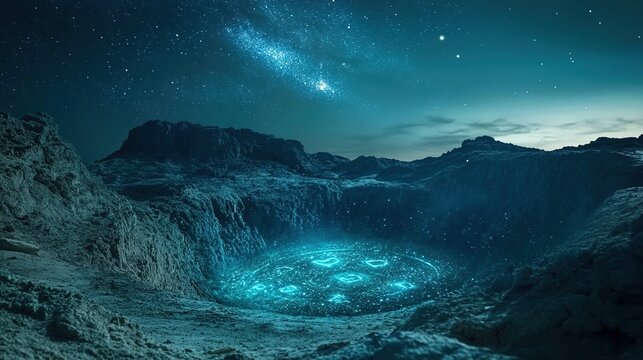 An otherworldly crater illuminated by glowing preservation symbols beneath a meteor shower.
