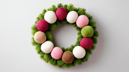 DIY Christmas wreath decorated with colorful knitted balls in red, white, pink, green, and brown creating festive and cozy holiday atmosphere