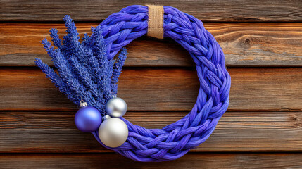 Diy christmas wreath decorated with purple lavender and silver baubles on wooden background for festive decor