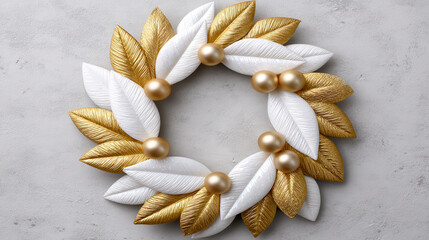 DIY Christmas wreath with elegant white and gold leaves and shiny gold balls creating festive and stylish holiday decoration for home