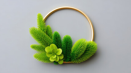 DIY Christmas wreath with green pine branches and succulent on golden ring frame creating festive decoration on gray background