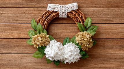 DIY Christmas wreath made of natural twigs decorated with white and beige flowers and green leaves on wooden background
