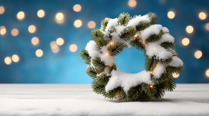 DIY Christmas wreath covered with snow and glowing lights on wooden surface with blurred festive background creating cozy mood