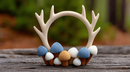 DIY Christmas wreath with wooden antler frame and colorful knitted mushroom decorations placed on rustic wooden surface outdoors