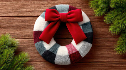DIY Christmas wreath wrapped in soft plaid fabric with large red bow creating cozy festive decoration on wooden background
