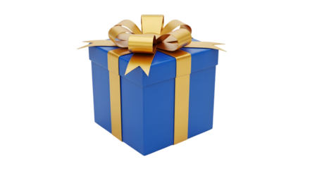 Blue gift box with a shiny gold ribbon and bow isolated on a transparent background present