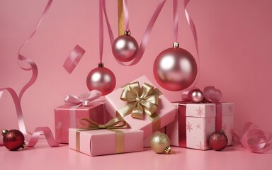 Elegant pink christmas gifts and ornaments with ribbons