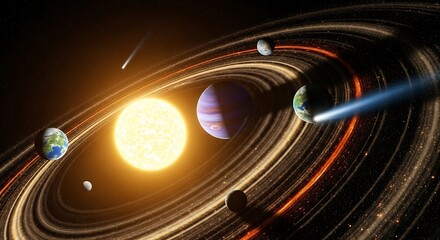 A vibrant illustration of a solar system with multiple planets orbiting a brilliant sun, encompassed by intricate rings of cosmic dust.