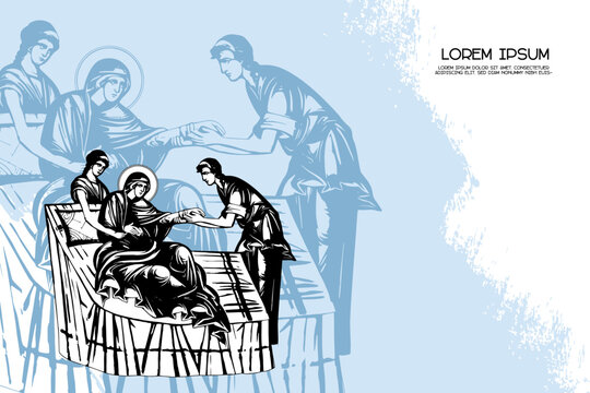 Religious vintage poster template with Nativity of the Blessed Virgin Mary. Christian illustration in Byzantine style