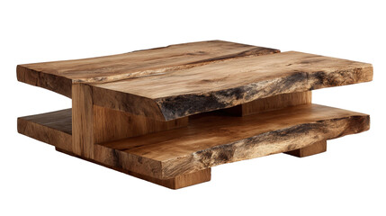 Wide wooden coffee table with double oak slabs and block legs on white background