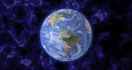 Planet Earth in space among a frightening approaching nebula. Background for astrology, physics.