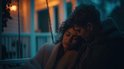 A cozy moment shared between a couple on a swing, wrapped in blankets, illuminated by soft outdoor lighting, evoking warmth and intimacy.