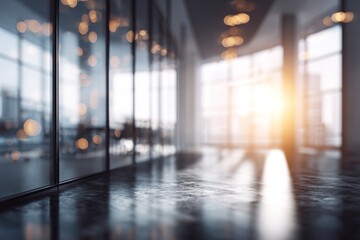 Business, interior concept. Blurred image of business office building interior. Sunlight beams effect. Background with copy space. Generative AI. High quality