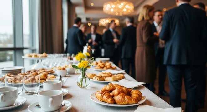 Corporate event with food and networking, business meeting with refreshments and discussion, elegant gathering