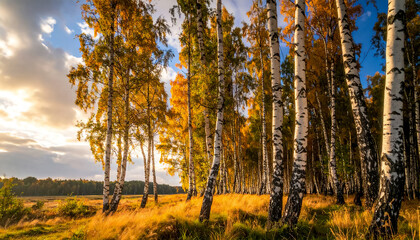 Fototapeta premium Tall trunks of beautiful birches sway in the wind, creating a sense of movement, wallpaper