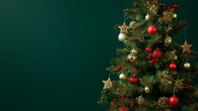 &Aacute;rvore de Natal decorada com bolas douradas e vermelhas sobre fundo verde, perfeita para artes festivas, convites e campanhas de fim de ano