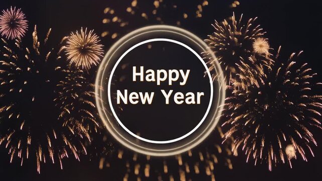 Blurry Golden Fireworks Display with Happy New Year Text Keywords: fireworks, celebration, new year, happy new year, text, blurry