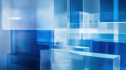 Blue background with glass box space featuring transparent blue and white gradient elements and abstract geometric composition of glass blocks creating depth
